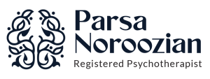 Logo for Parsa Noroozian, Registered Psychotherapist, with a symmetrical abstract design on the left and the name and title on the right.
