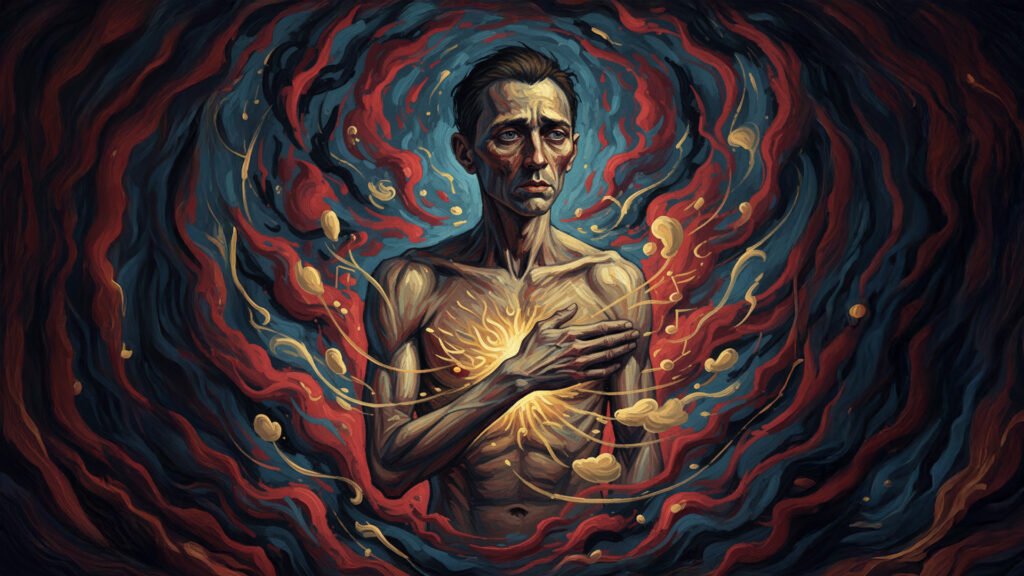 A thin, shirtless man holds his hand to his chest, with swirling red and blue patterns and glowing light emanating from his chest, creating an intense, surreal atmosphere.