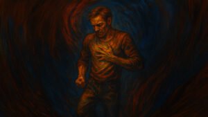 A man clutches his chest with a pained expression, surrounded by swirling red and blue hues, suggesting intense emotion or inner turmoil.