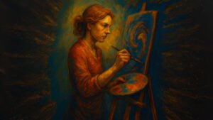A woman with tied-back hair paints on a canvas at an easel, holding a palette, with warm lighting highlighting her focused expression.