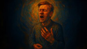 A man with a distressed expression stands with eyes closed, mouth open, and one hand on his chest, surrounded by swirling blue and orange brushstrokes.
