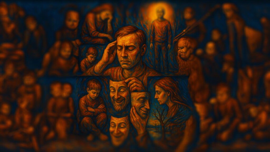 A central figure holds their head in distress, surrounded by various expressive faces and masks, with a glowing figure standing in the background.