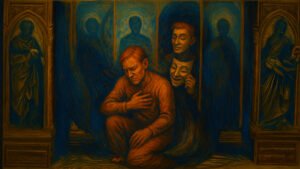 A person kneels with a pained expression, clutching their chest, as a shadowy figure behind them holds smiling theatrical masks. Blue and brown tones dominate the scene, with statues in the background.