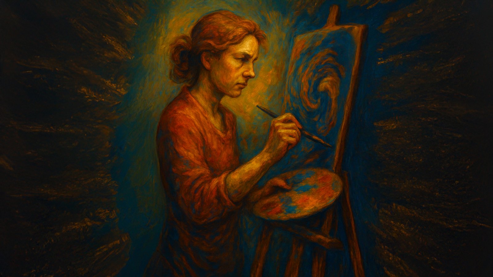 A woman with tied-back hair paints on a canvas at an easel, holding a palette and brush, surrounded by warm and cool lighting.