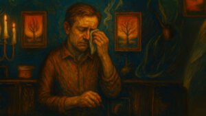 A man stands indoors, wiping his eye with one hand, appearing troubled. The dimly lit room features two candle flames and warm-toned paintings of trees on the wall behind him.