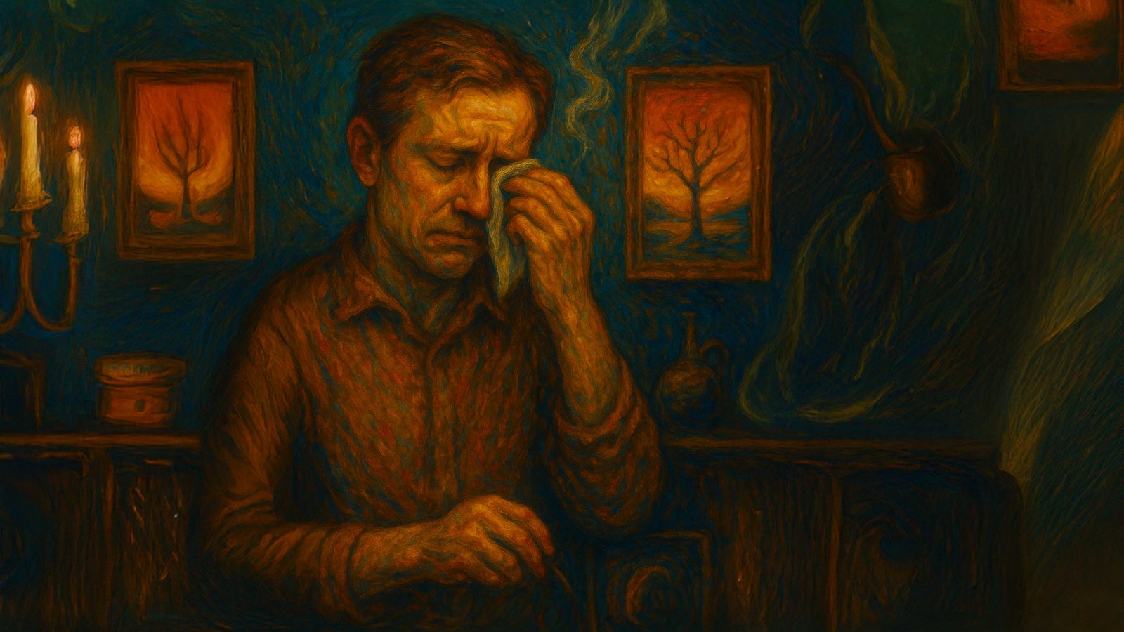 A man stands indoors, wiping his eye with one hand, appearing troubled. The dimly lit room features two candle flames and warm-toned paintings of trees on the wall behind him.
