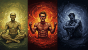 Three men, each surrounded by swirling colored energy: one meditating in yellow light, one flexing angrily in red, and one sitting withdrawn in blue, each reflecting different emotional states.