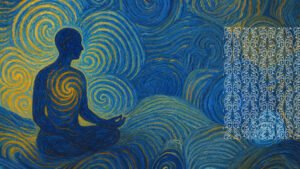 A silhouette of a person meditating sits cross-legged amidst swirling blue and yellow patterns, with intricate white designs on the right side of the image.