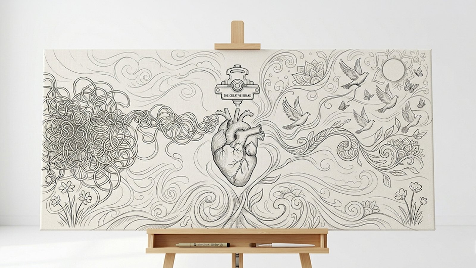 A black and white drawing on a canvas shows a heart emitting tangled lines on the left and flowing lines with birds and flowers on the right, displayed on an easel.