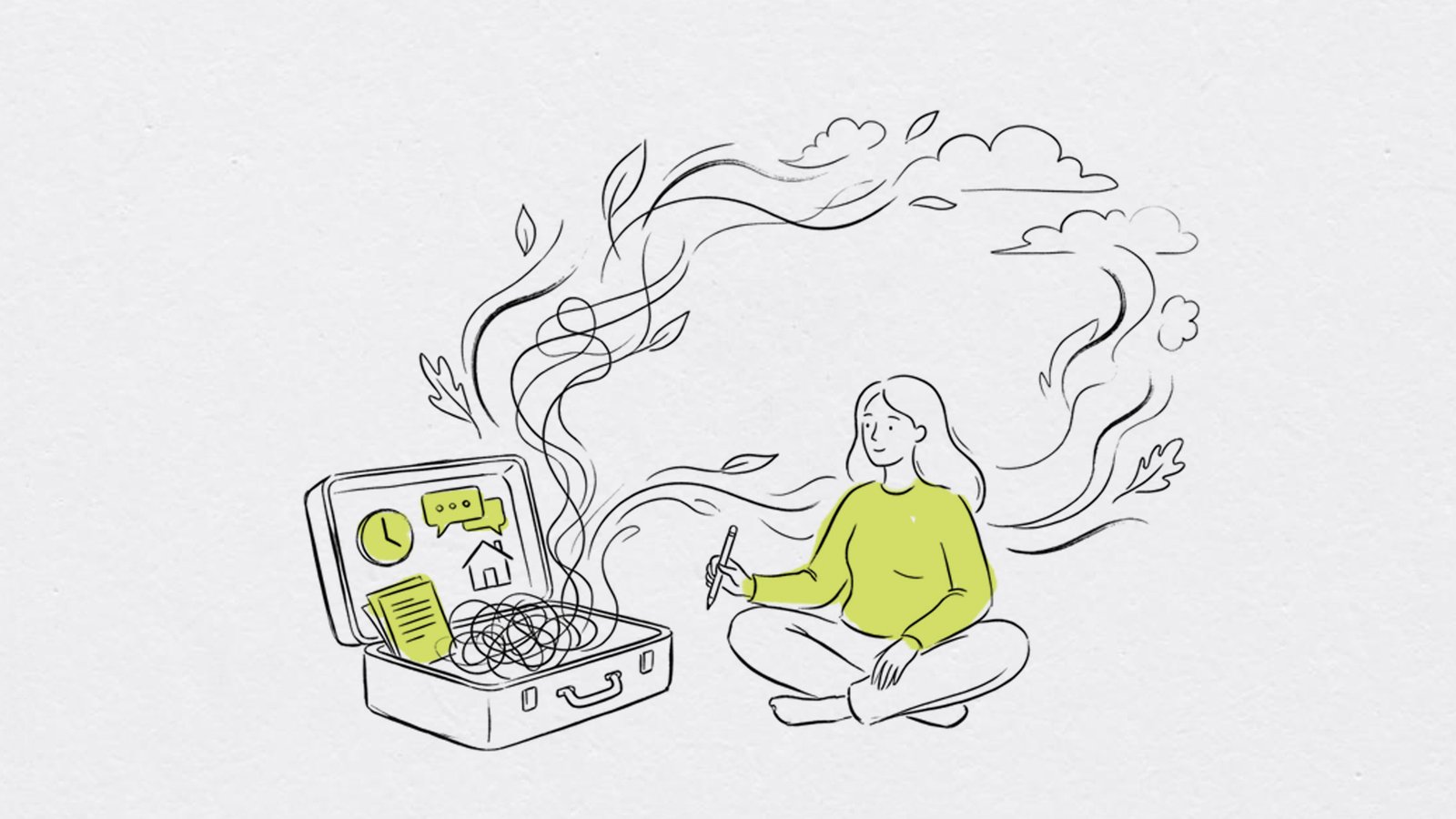 Illustration of a person sitting cross-legged, holding a pen beside an open suitcase filled with various items, with abstract lines and leaves flowing out.