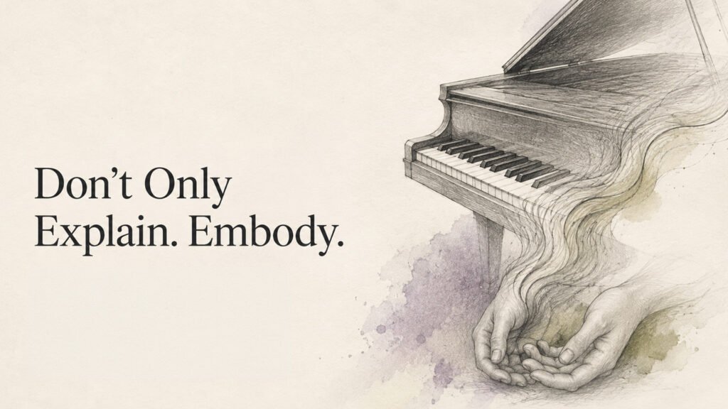 A sketch of a grand piano morphs into two hands, with the words “Don’t Only Explain. Embody.” on the left, against a light background.